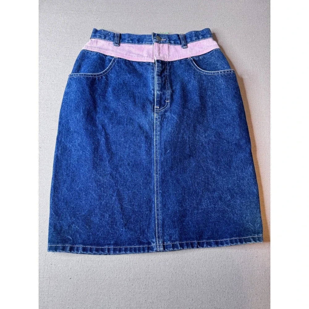 80s True Blue Denim Skirt Pink Waist High Rise Knee Length 27